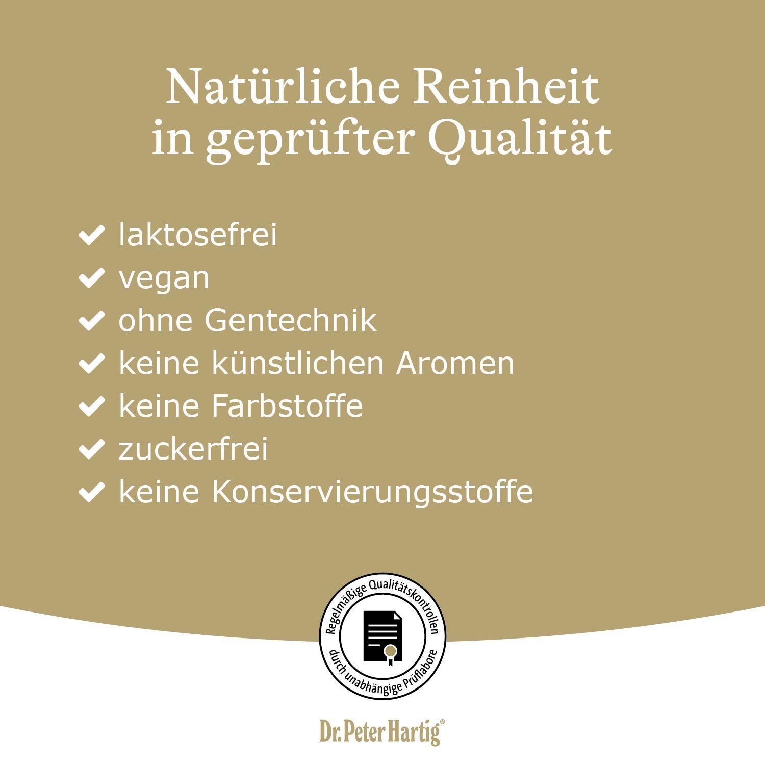 Etikett einer Flasche mit Produktinformationen, Inhaltsstoffen und Dosierungsempfehlungen.
