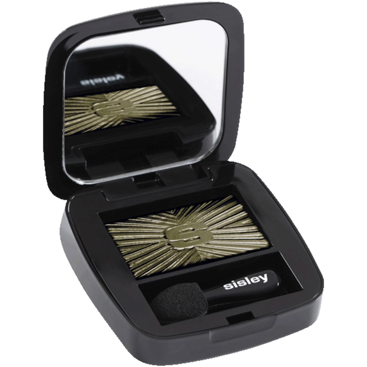Geöffnete schwarze Sisley Lidschatten-Palette mit Spiegel und Applikator. Goldfarbener Lidschatten mit 'S'-Logo. Applikator mit 'sisley'-Schriftzug.