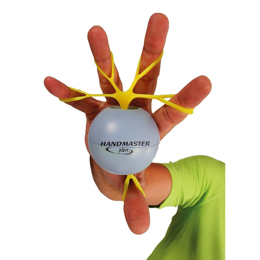 Handmaster Plus Fingertrainer mit gelben Schlaufen, auf einer Hand angebracht.