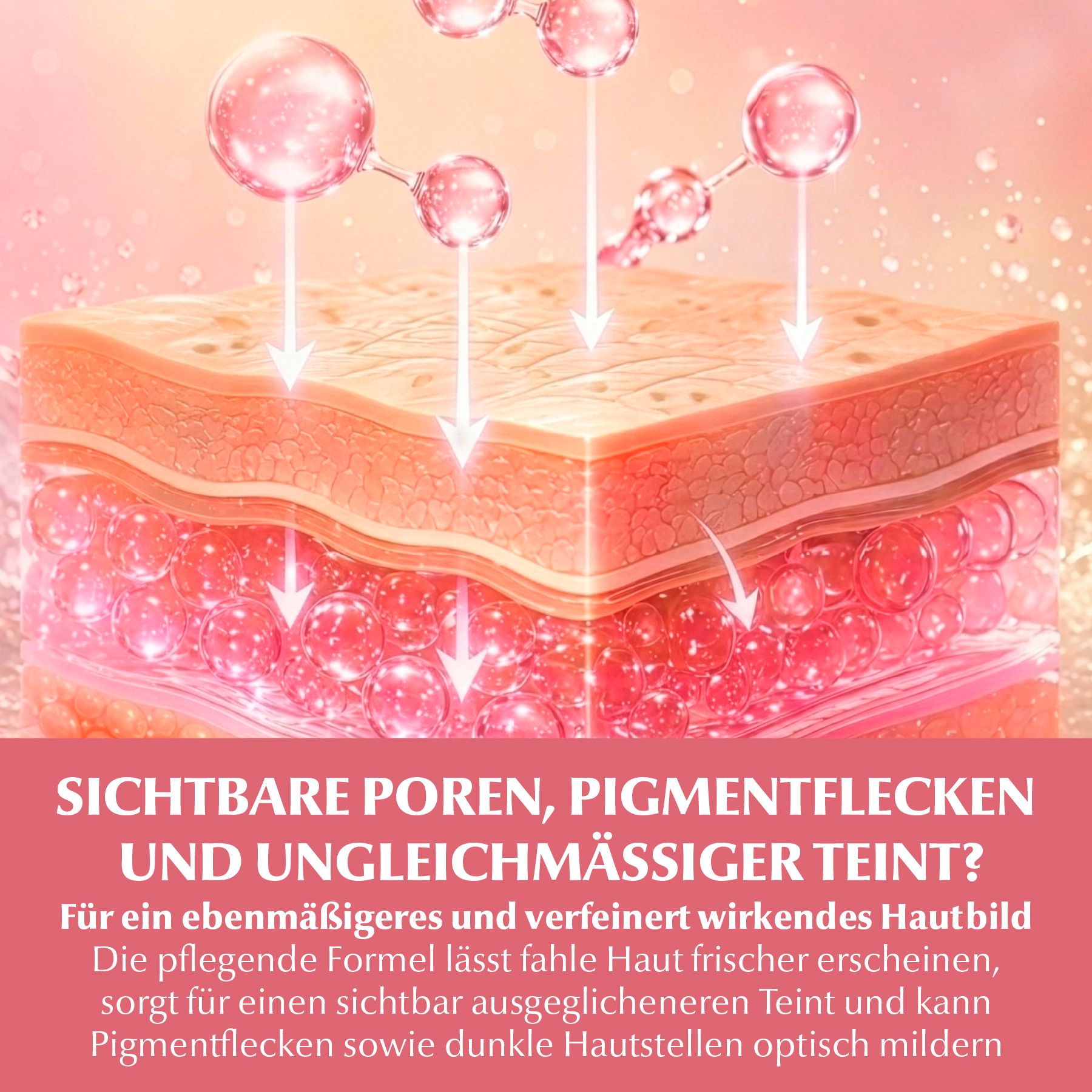 Illustration von Hautschichten mit durchscheinenden Bläschen, die in die Haut eindringen.