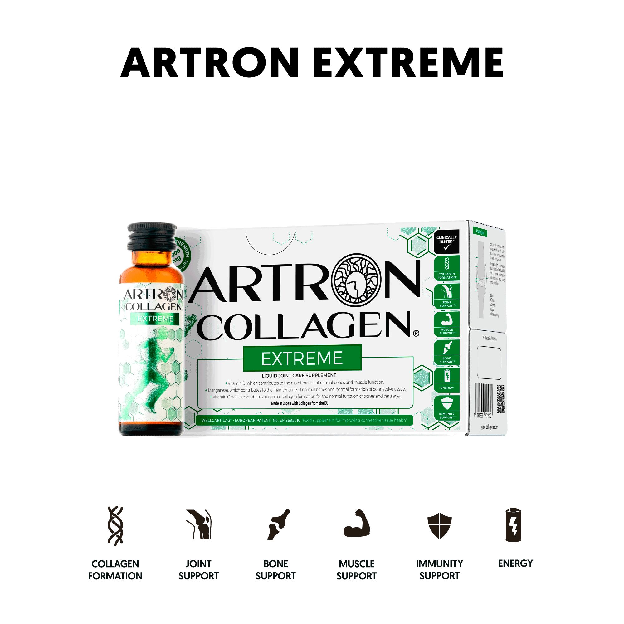 Gold Collagen Artron Extreme. Flasche und Karton. Aufschrift: Artron Collagen Extreme. Logos für Gelenke, Knochen, Muskeln, Immunität, Energie.