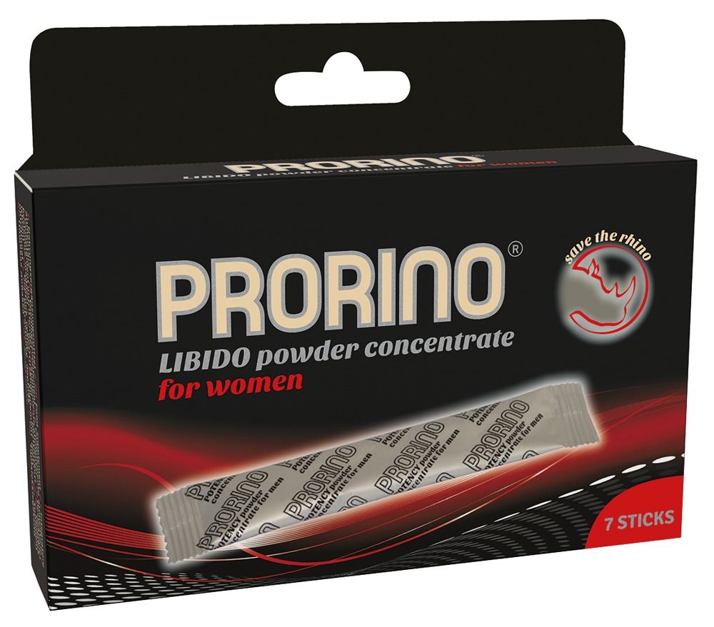Schwarze Verpackung mit Produktnamen und Logo. Enthält 7 Sticks. "Libido powder concentrate for women".