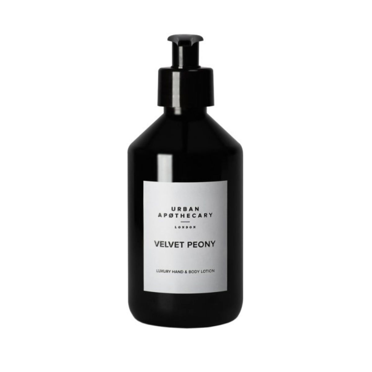 Schwarze Flasche mit Pumpe. Auf weißem Etikett: Urban Apothecary London, Velvet Peony, Luxury Hand & Body Lotion.