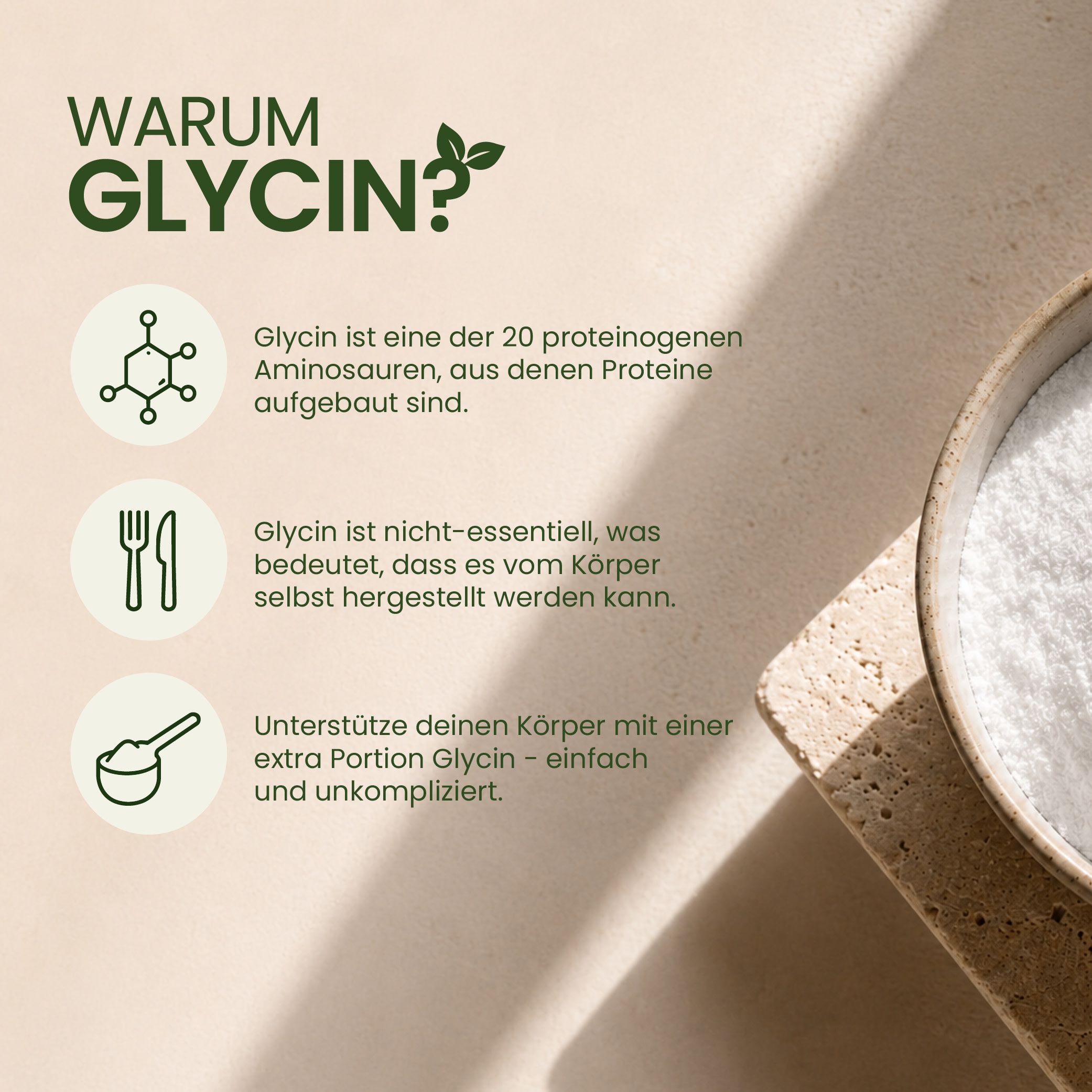 Text 'Warum Glycin?' mit drei Icons: Molekül, Gabel und Messer, Löffel mit Pulver.