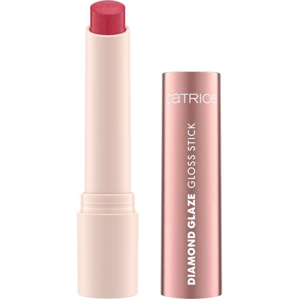 Ein rosafarbener Lippenstift mit glänzendem Finish und roségoldener Hülse mit Aufschrift "CATRICE DIAMOND GLAZE GLOSS STICK".