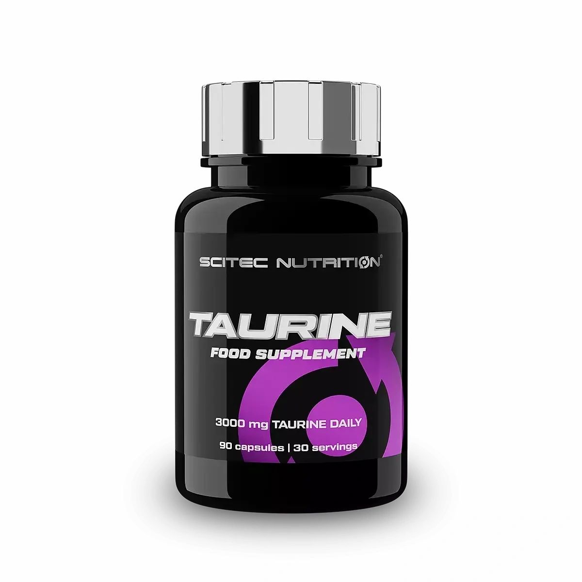 Schwarze Flasche mit silbernem Deckel. Aufschrift: Scitec Nutrition, Taurine, Nahrungsergänzungsmittel. Lila Akzent. 90 Kapseln.