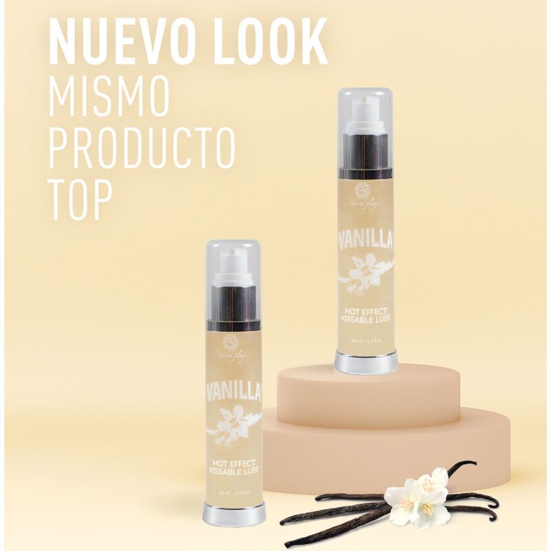 Zwei Gleitmittelflaschen mit Dosierpumpe. Aufschrift: VANILLA, HOT EFFECT KISSABLE LUBE. Text: NUEVO LOOK, MISMO PRODUCTO.