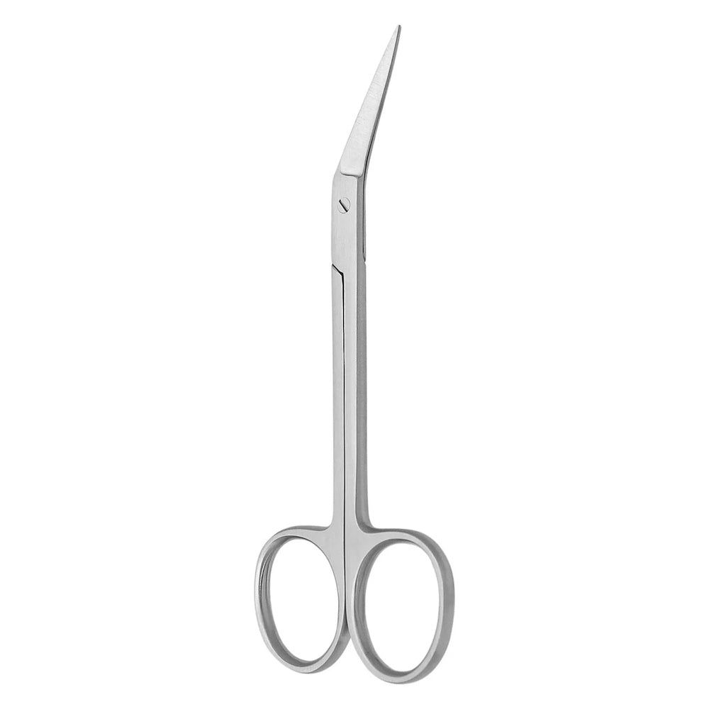 Hautschere, gebogen, Edelstahl. Lange, schlanke Griffe mit runden Ösen. Spitze, abgewinkelte Schneide.