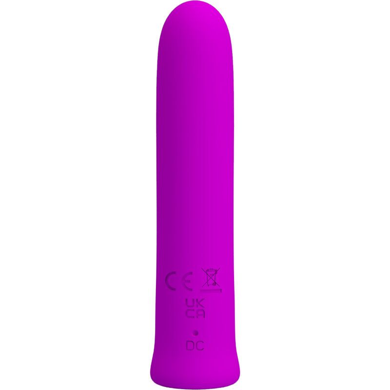 Lila Vibrator. Rückseite mit CE-Kennzeichnung, UK CA und DC-Symbol.