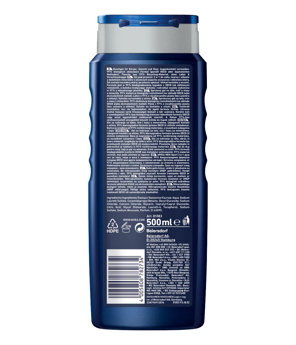 Rückseite einer NIVEA MEN Sport Duschgel-Flasche. Blaue Flasche mit weißem Deckel. Text in mehreren Sprachen. Inhaltsstoffe und Herstellerangaben.