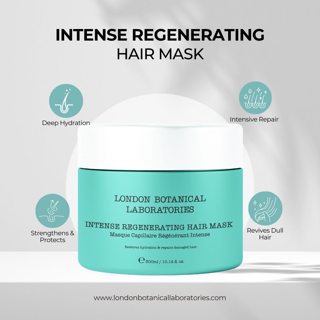 Turquoise pot met witte deksel. Tekst: Intense Regenerating Hair Mask, Masque Capillaire Régénérant Intense. Symbolen: Hydratatie, reparatie, bescherming, glans.