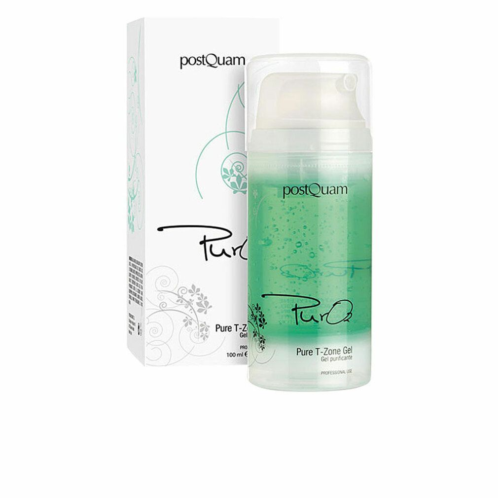 Gel detergente con confezione. Flacone di gel verde con dosatore. Scritta 'postquam' e 'Pure T-Zone Gel'.