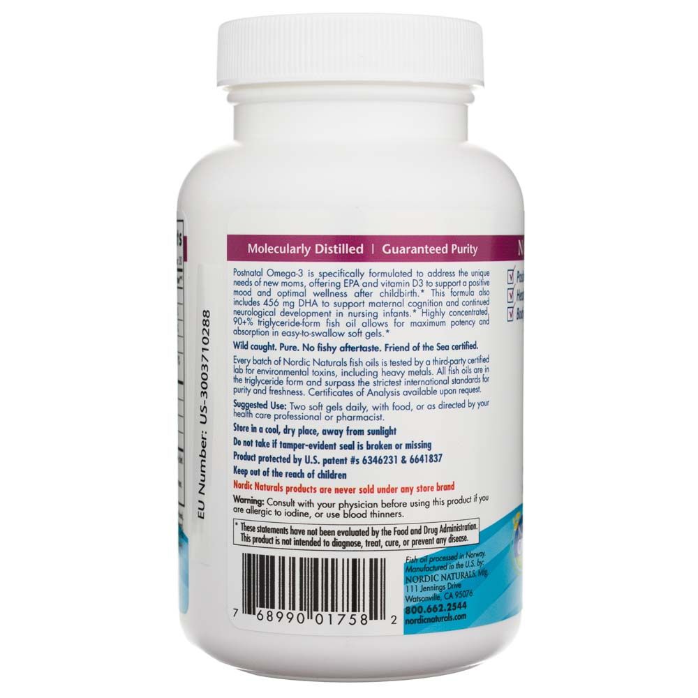 Nordic Naturals Postnatal Omega-3 Flaschenrückseite: Molekular destilliert, Reinheit garantiert, Anwendungshinweise.