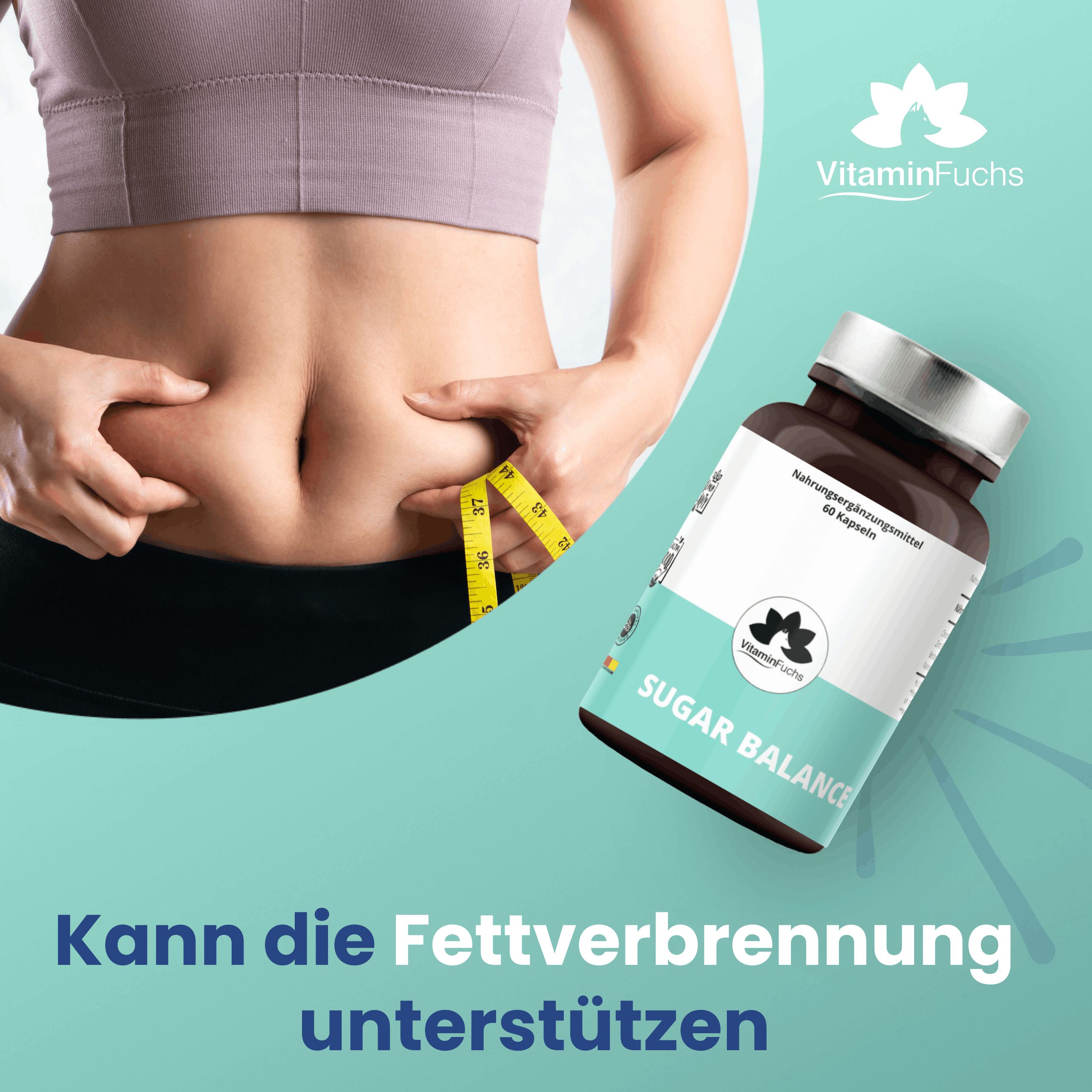 Braune Glasflasche mit silbernem Deckel. Aufschrift: Sugar Balance, VitaminFuchs. Frau misst Bauchumfang. Text: Kann die Fettverbrennung unterstützen.