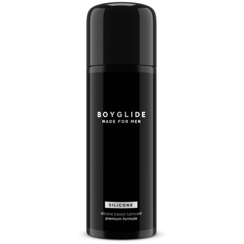 Schwarze Flasche mit BOYGLIDE-Logo und SILICONE-Schriftzug. Text: silicone based lubricant premium formula.