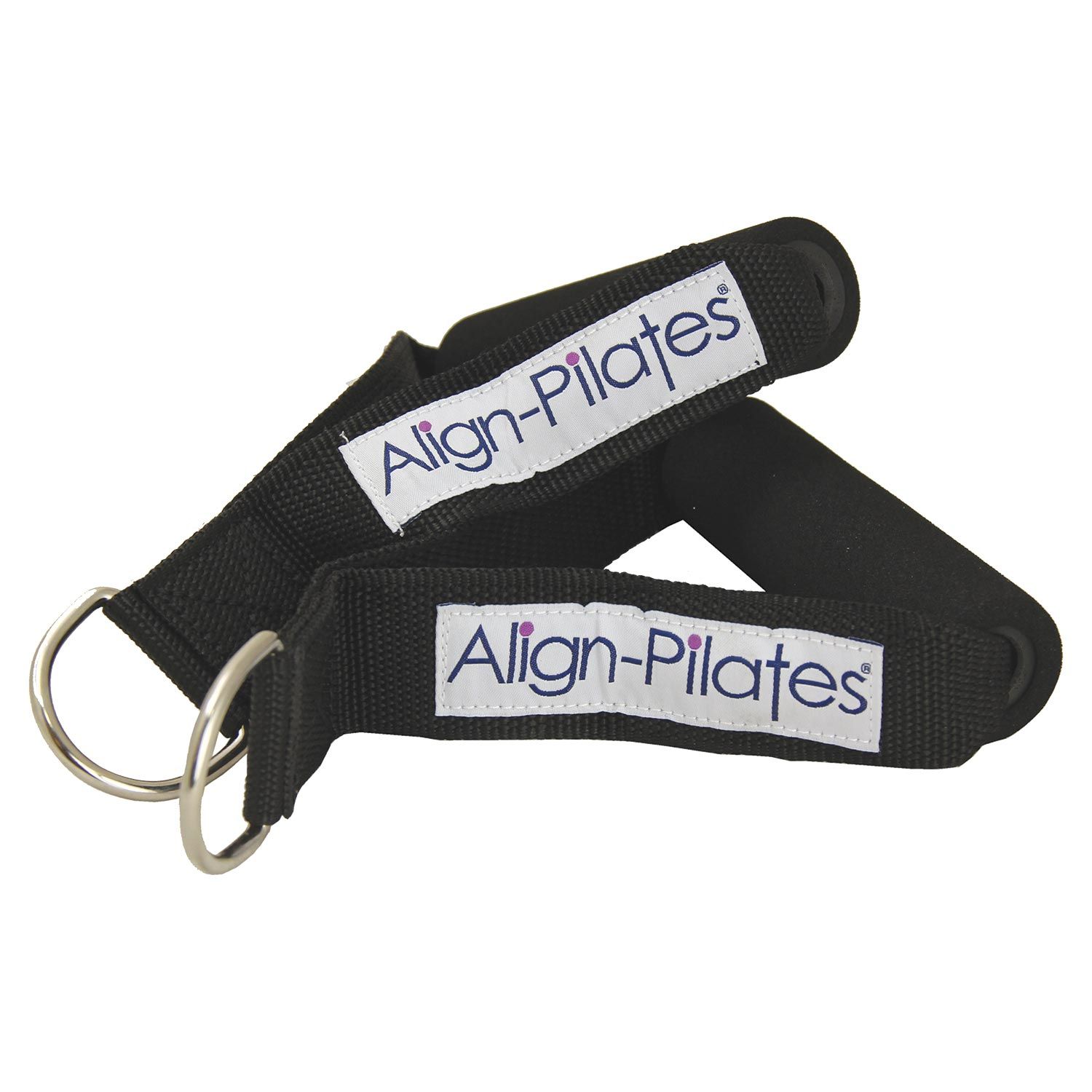 Schwarze Pilates-Handgriffe mit Metallringen. Aufschrift "Align-Pilates" auf Etiketten.