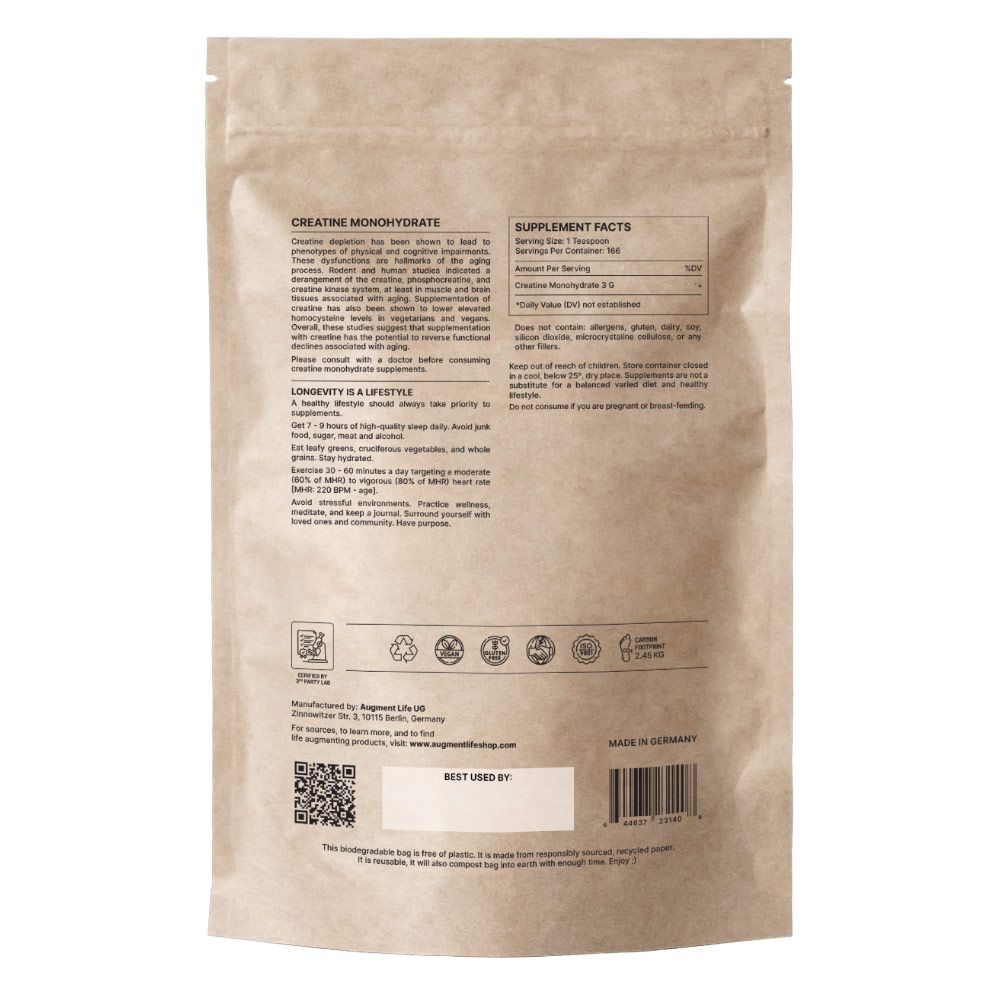 Braune Papiertüte mit Nährwertangaben und Produktinformationen für Kreatin-Monohydrat.