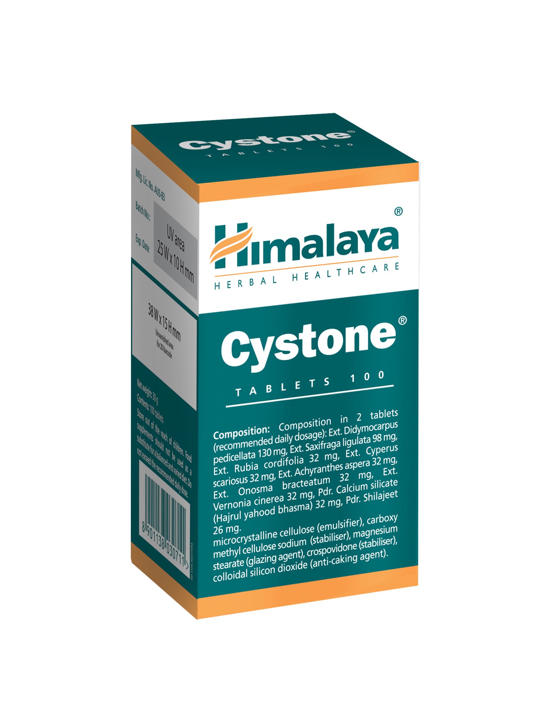 Himalaya Cystone Tabletten 100er Packung mit detaillierter Inhaltsangabe.