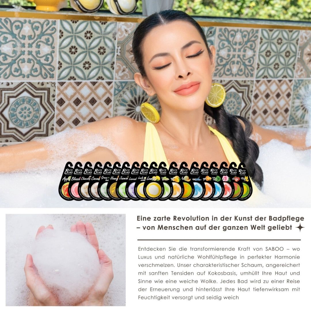 Frau in Badewanne mit Schaum. Reihe von Bad Bomben. Produkt-Anhänger mit grüner Tee Bad Bombe. Text.