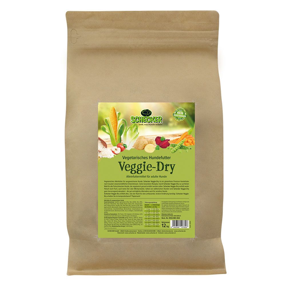 Schecker Veggie-Dry Hundefutter-Beutel. Brauner Papierbeutel mit grünem Etikett. Auf dem Etikett sind Gemüse und der Produktname abgebildet.