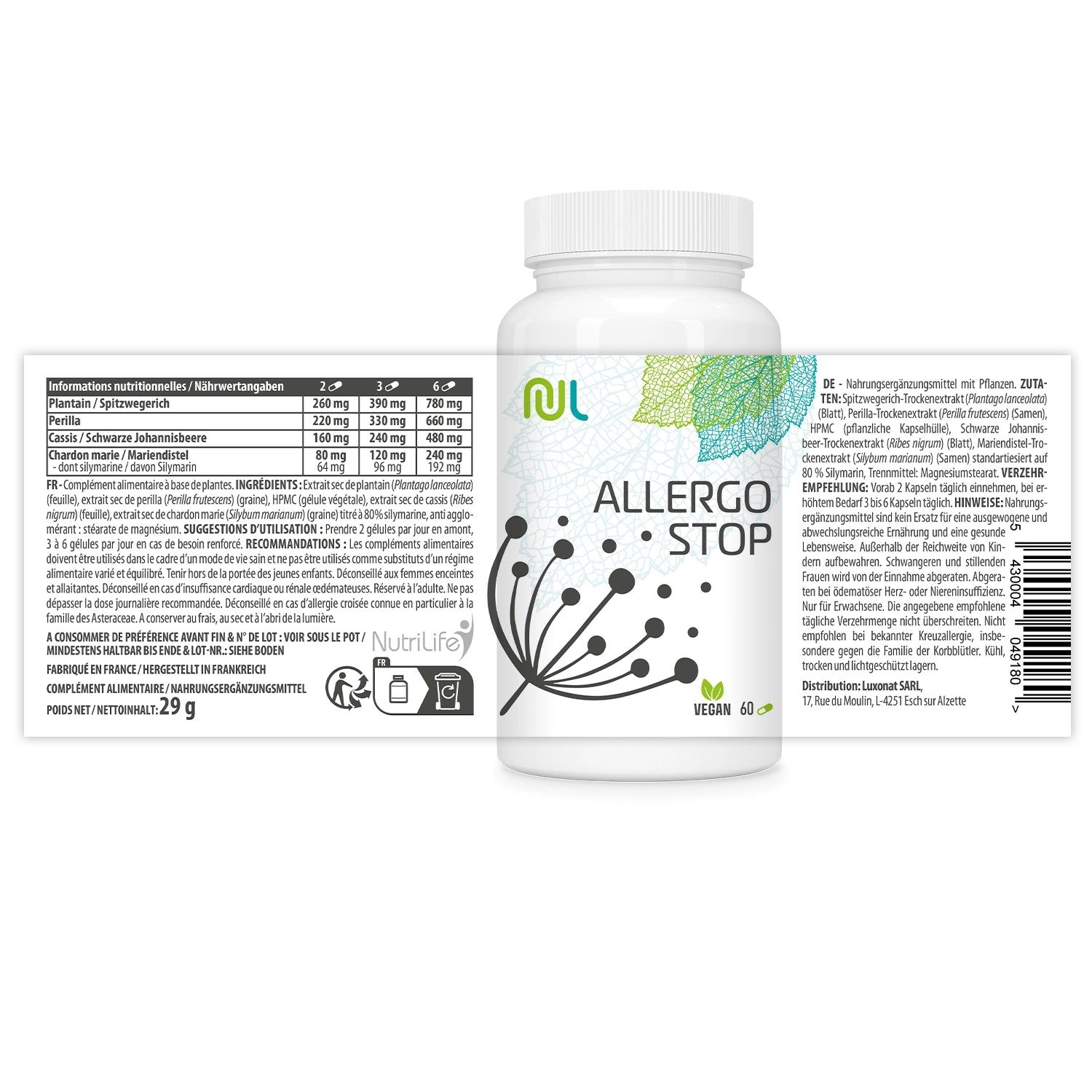 Weiße Pillendose mit Etikett. Aufschrift Allergo Stop, Logo. Vegan-Siegel. Nährwertangaben und Inhaltsstoffe auf dem Etikett.