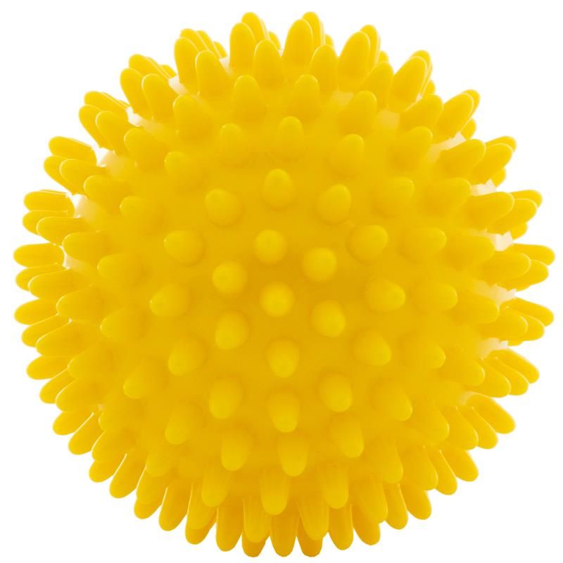Gelbe Massagekugel mit Noppen. Rund, Oberfläche mit kleinen, spitzen Erhebungen.