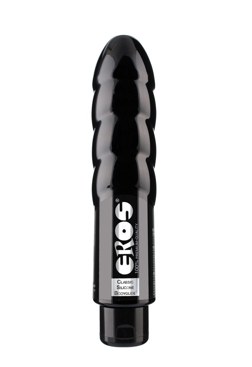 Schwarzes Gleitgel mit dem Schriftzug "EROS". Aufschrift "Classic Silicone Bodyglide".