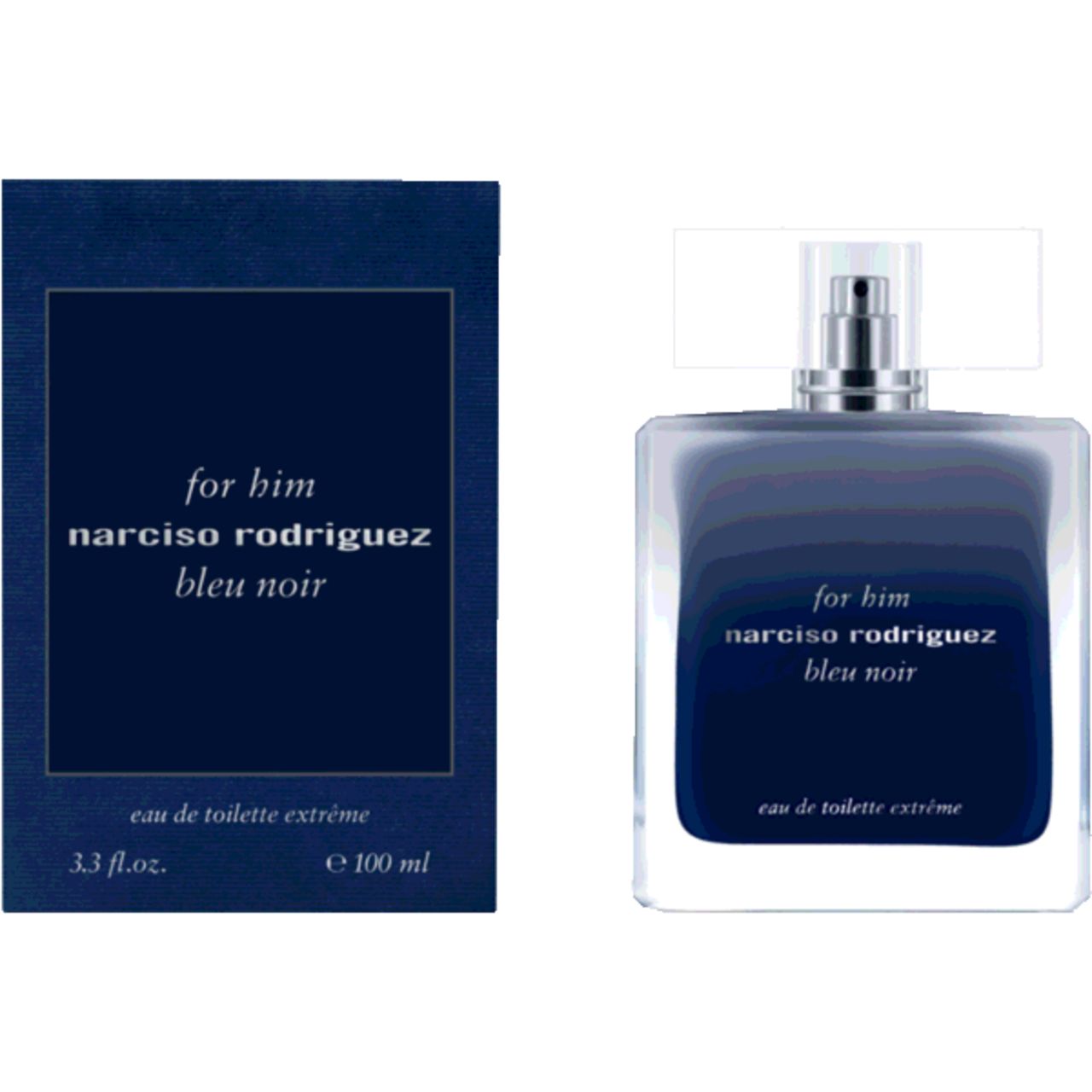 Dunkelblaue rechteckige Flasche und Schachtel. Aufschrift: For Him Narciso Rodriguez Bleu Noir, Eau de Toilette Extrême.