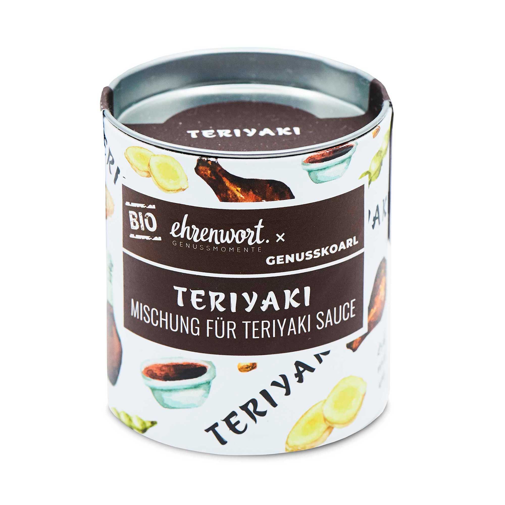 Zylindrische Dose mit Aufschrift 'Teriyaki Mischung für Teriyaki Sauce'. Logo 'Bio ehrenwort'. Illustrationen von Ingwer und Soße.