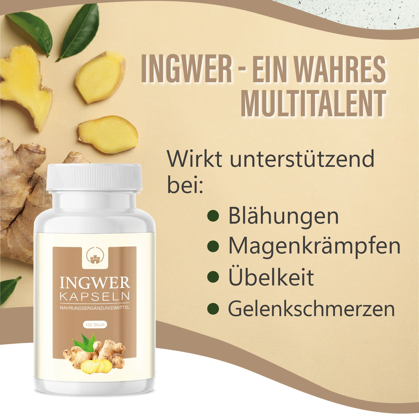 Produktflasche mit Text: Ingwer Kapseln. Text: Ingwer - ein wahres Multitalent. Auflistung von Vorteilen.