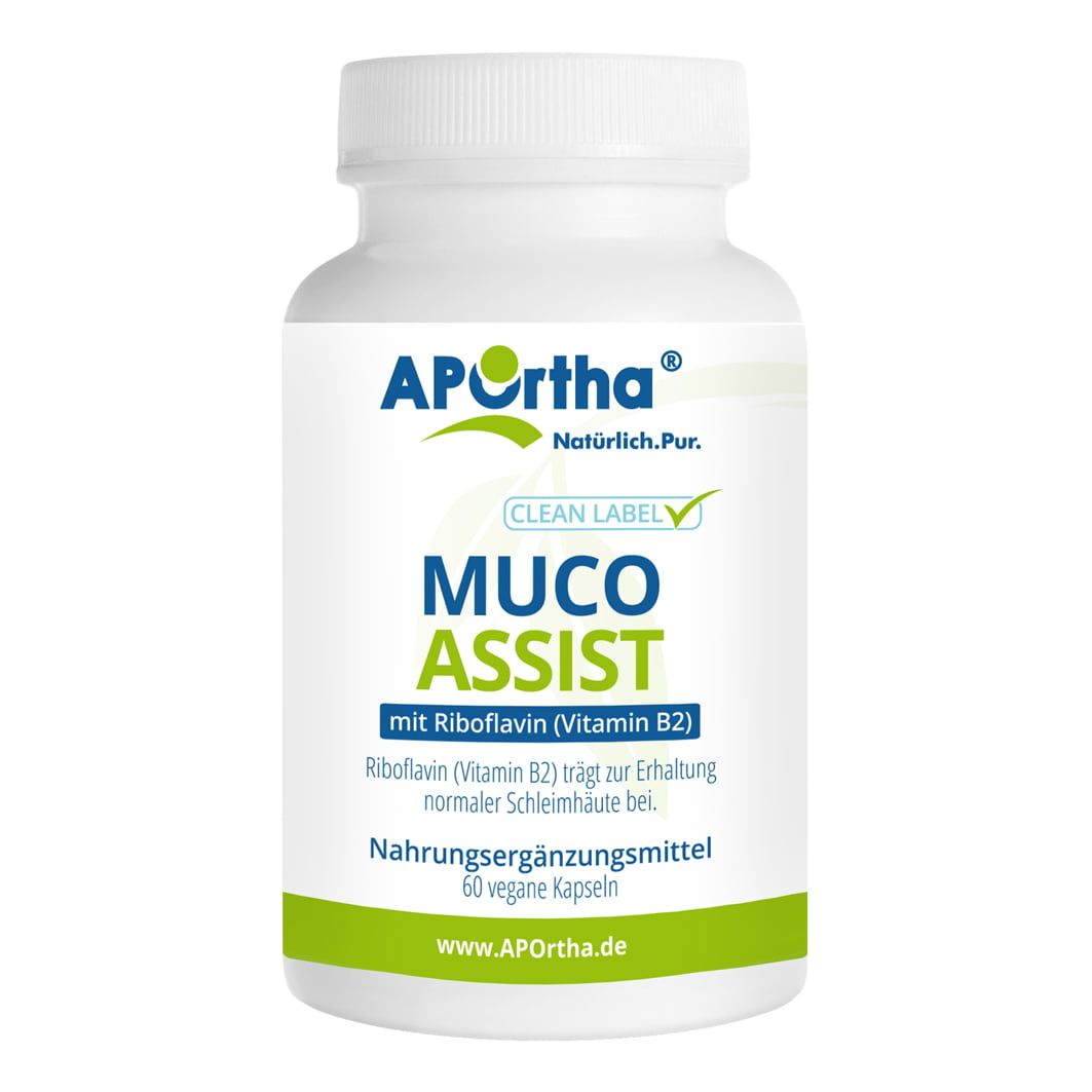 Weiße Flasche mit APOrtha® Muco Assist Kapseln. Grünes Etikett mit Produktnamen und Inhaltsangaben. "Clean Label"-Siegel.