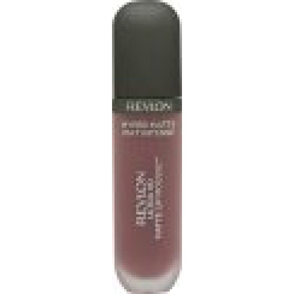 Lippenmousse-Flakon. Marke Revlon. Text: Ultra HD Matte Lip Mousse. Farbton: Death Valley. Kappe: Dunkelgrau. Flakon: Rosa.