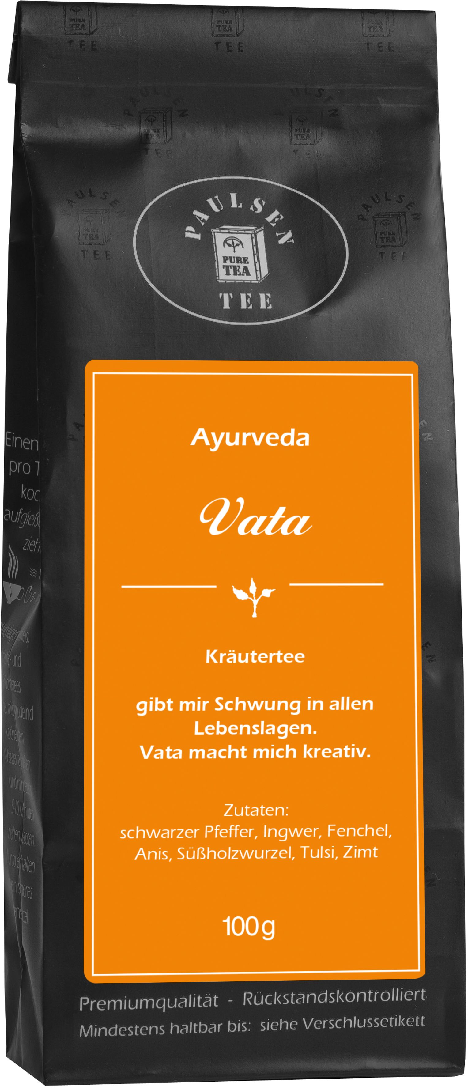 Schwarzer Teebeutel mit orangefarbenem Etikett. Aufschrift: Ayurveda Vata Kräutertee. Zutatenliste und 100g-Angabe.
