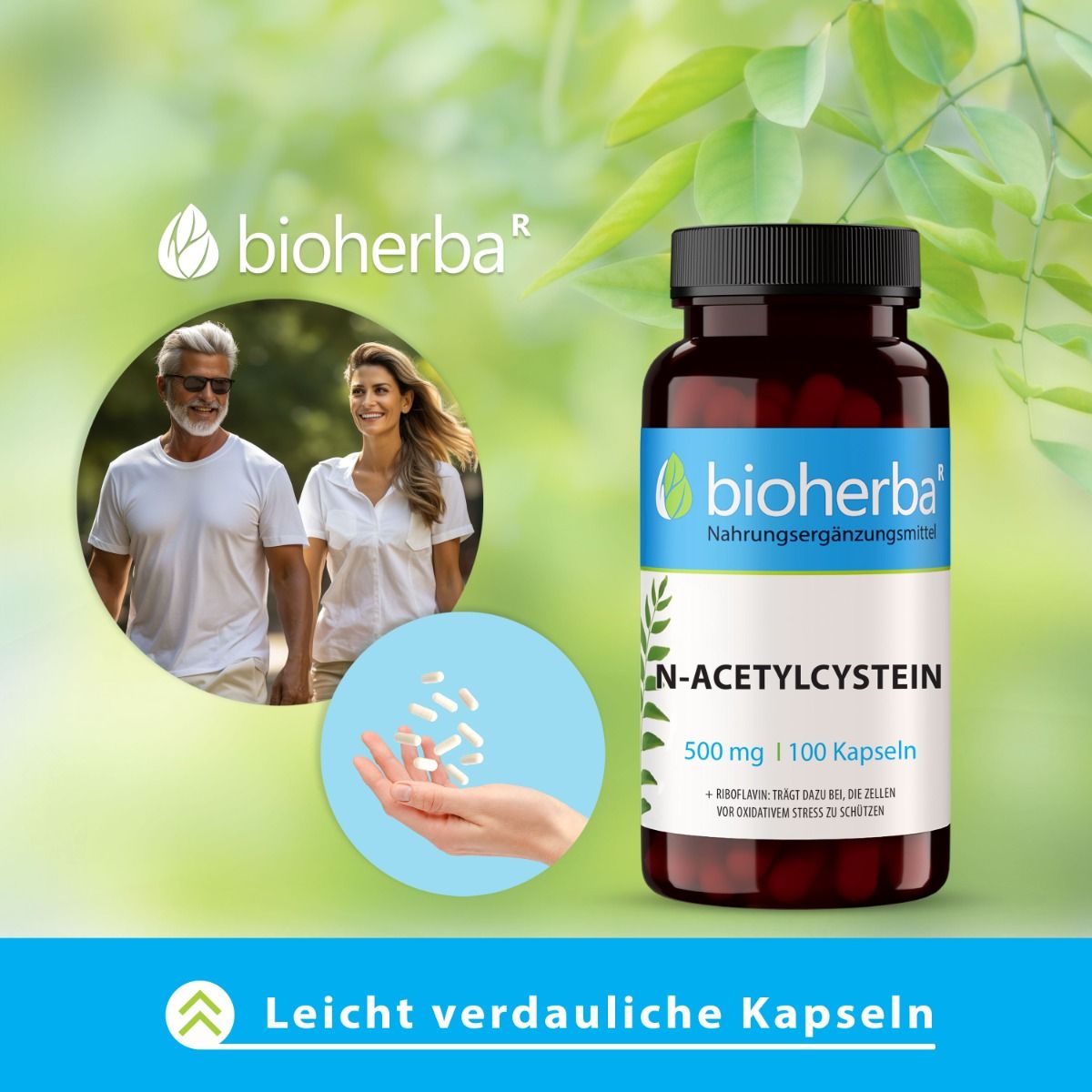 Paar spaziert. Braune Kapsel-Dose mit blau-weißem Etikett. Text: N-Acetylcystein, 500 mg, 100 Kapseln. Bioherba-Logo. Kapseln in Hand.