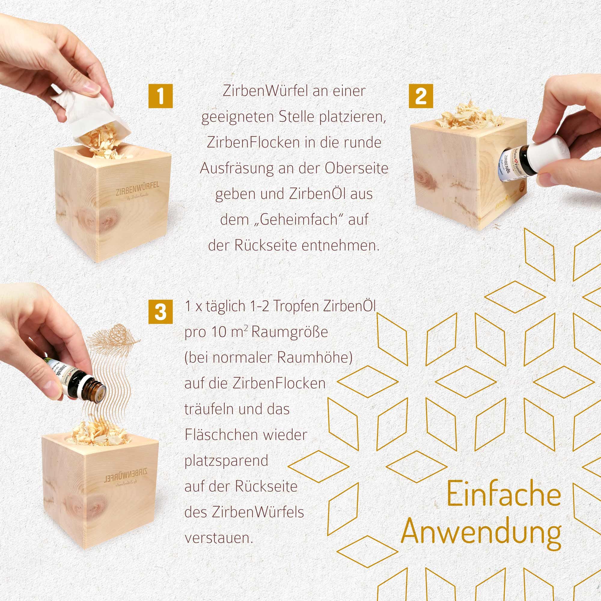 Anwendungsbeispiele. Holzbox mit Holzspänen. Ölflasche. Holzbox mit Loch. Text: Einfache Anwendung.
