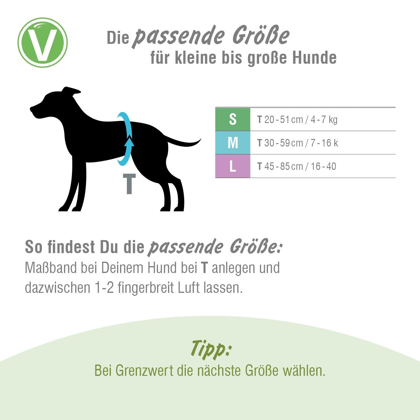 Infografik: Größentabelle für Rüdenwindeln (S, M, L) mit Maßangaben in cm und kg. Illustration eines Hundes.