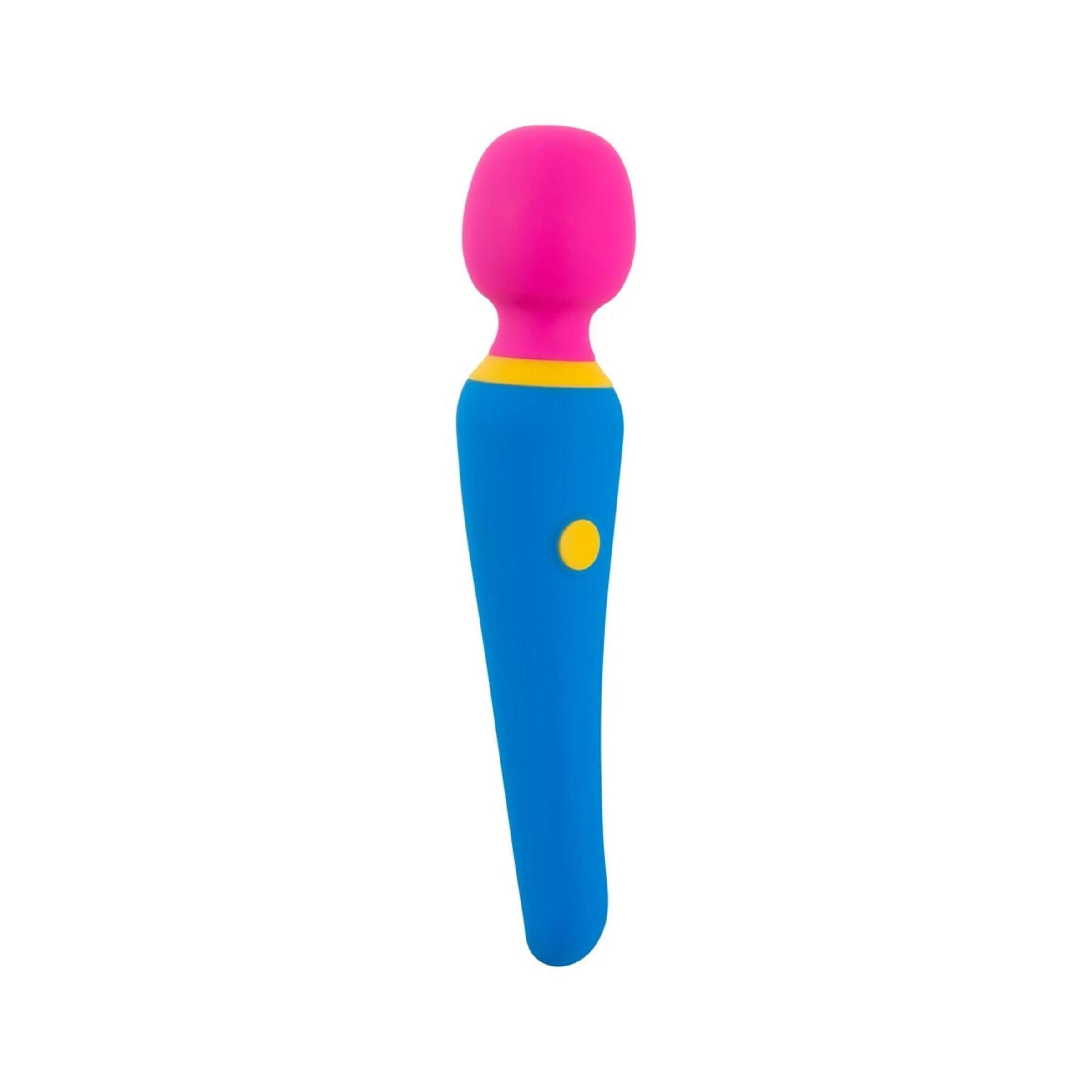 Blau-gelb-pinkfarbener Vibrator. Zylindrischer Griff, runder Kopf. Gelber Knopf. Aus Silikon.