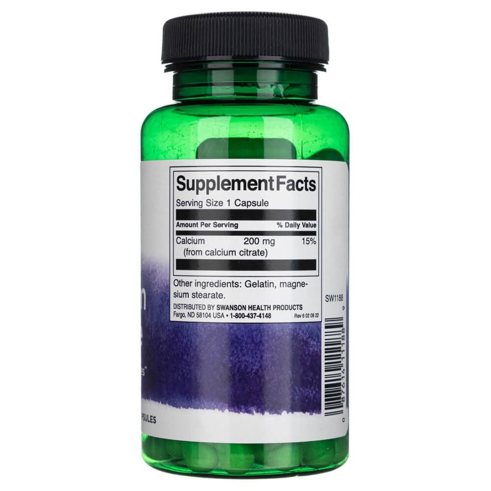 Rückseite der SWANSON Calcium Citrate Flasche mit Nährwertangaben.