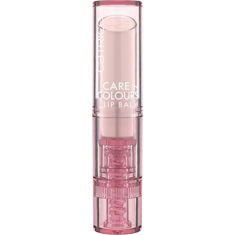 Catrice Care In Colours Lippenbalsam. Transparente Hülse, rosa Lippenbalsam. Produktname und Marke sichtbar.