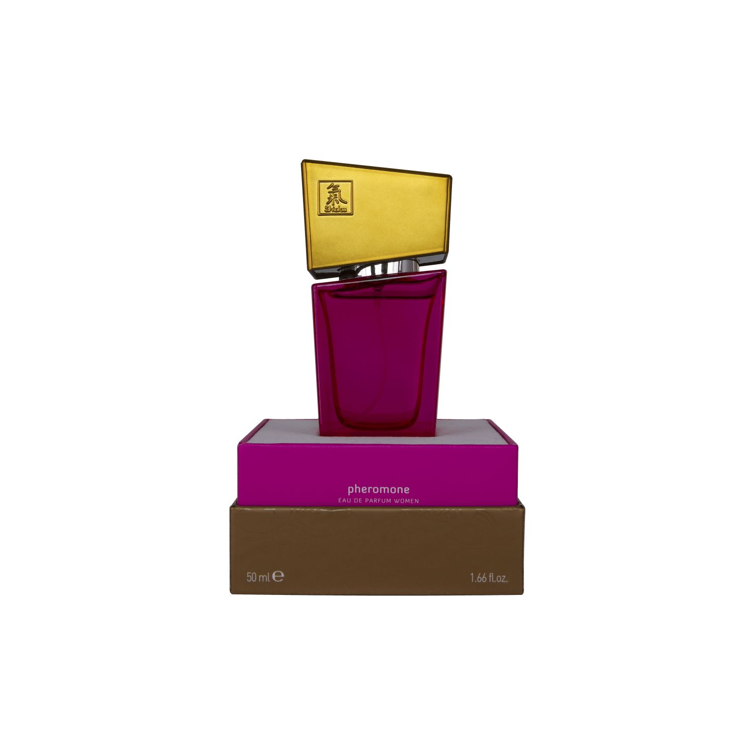 Pinkfarbener Flakon mit goldfarbenem Deckel auf einer Verpackung. Auf der Verpackung steht "Pheromone".