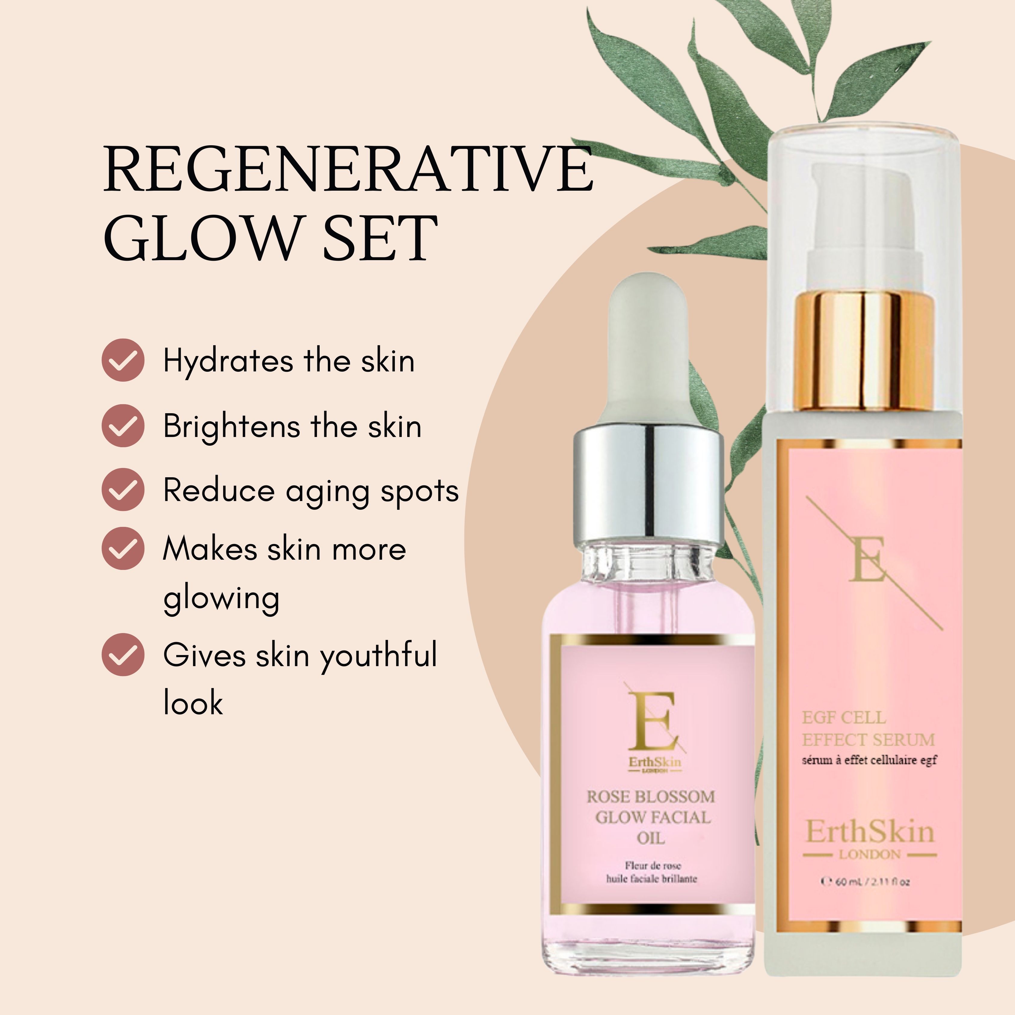 Set met serum en gezichtsolie. Roze etiketten met tekst en logo. Opschrift: Regenerative Glow Set. Links: productinformatie.