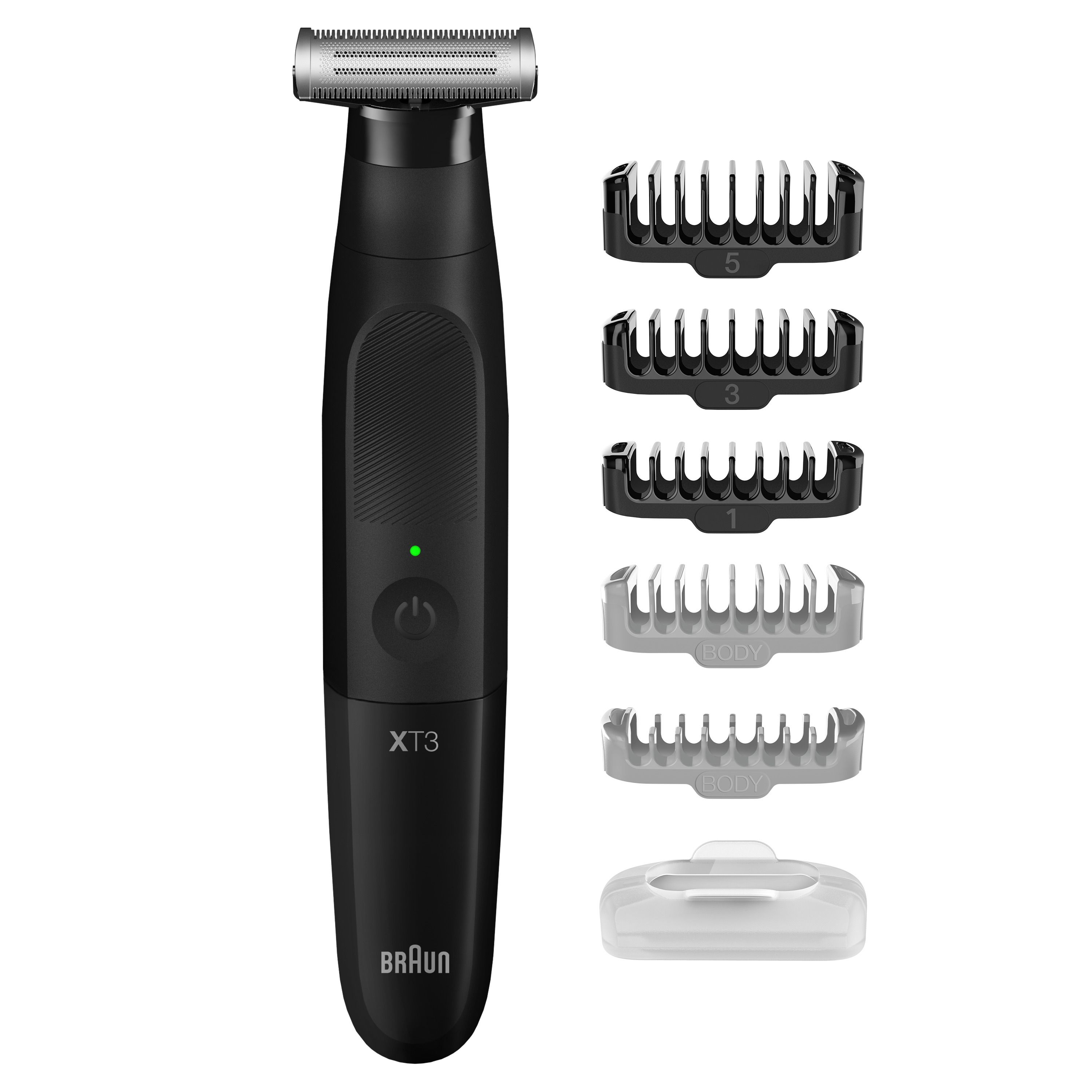 Schwarzer Braun XT3 Trimmer mit Aufsätzen und Schutzhülle. Enthält eine grüne Betriebsanzeige.