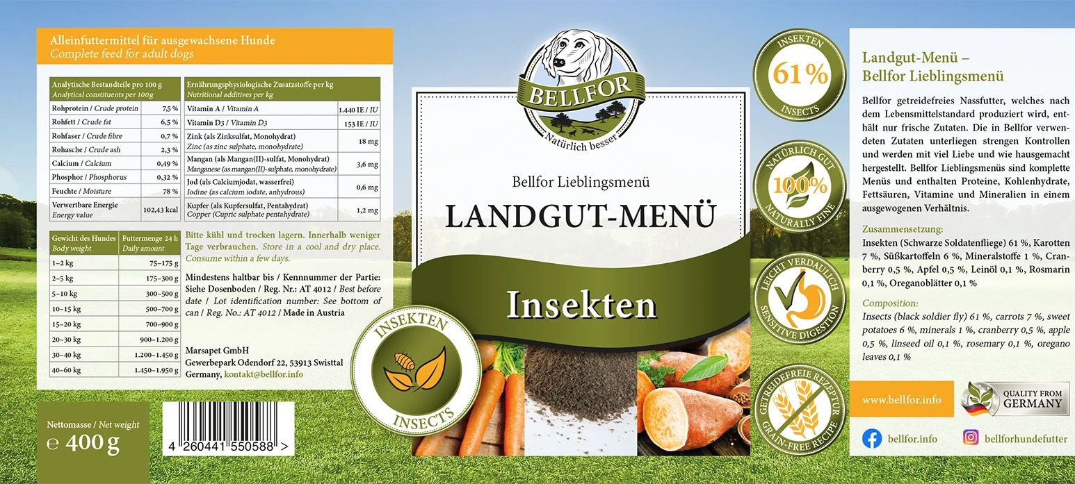 Bellfor Hypoallergenes Hundefutter Nass mit Insekten Getreidefrei - Landgut-Menü