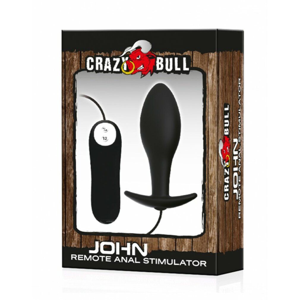 Verpackung mit schwarzem Analknopf und Fernbedienung. Text: CRAZY BULL, JOHN, Remote Anal Stimulator.
