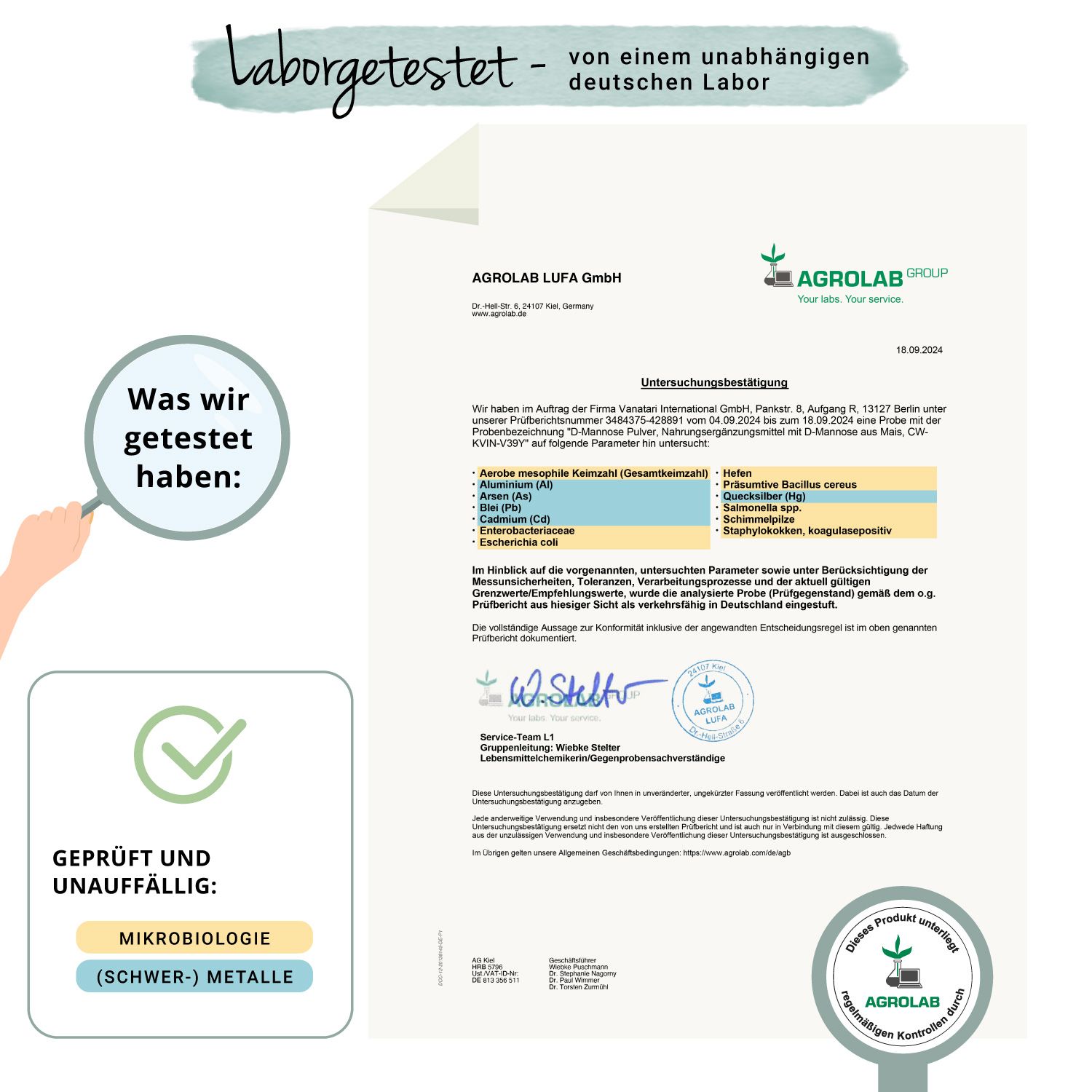 Laborbericht von AGROLAB LUFA GmbH. Geprüft auf Mikrobiologie und Schwermetalle. Siegel: Geprüft und unauffällig.