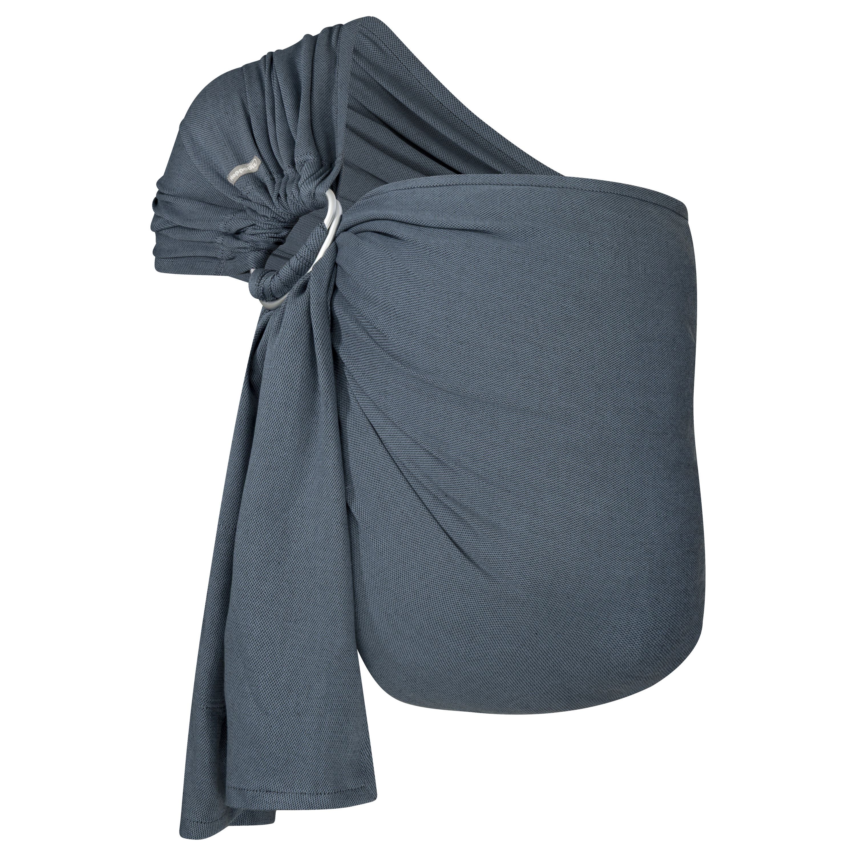 Ring-Sling aus Stoff, grau. Metallring zur Befestigung. Stoffteil zum Tragen des Babys.
