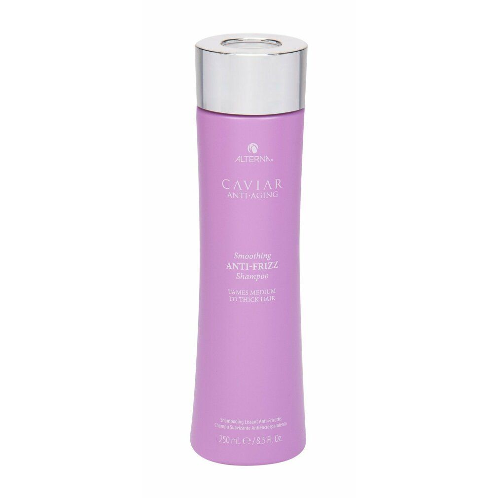 Lila Flasche Alterna Caviar Smoothing Anti-Frizz Shampoo mit silbernem Deckel.