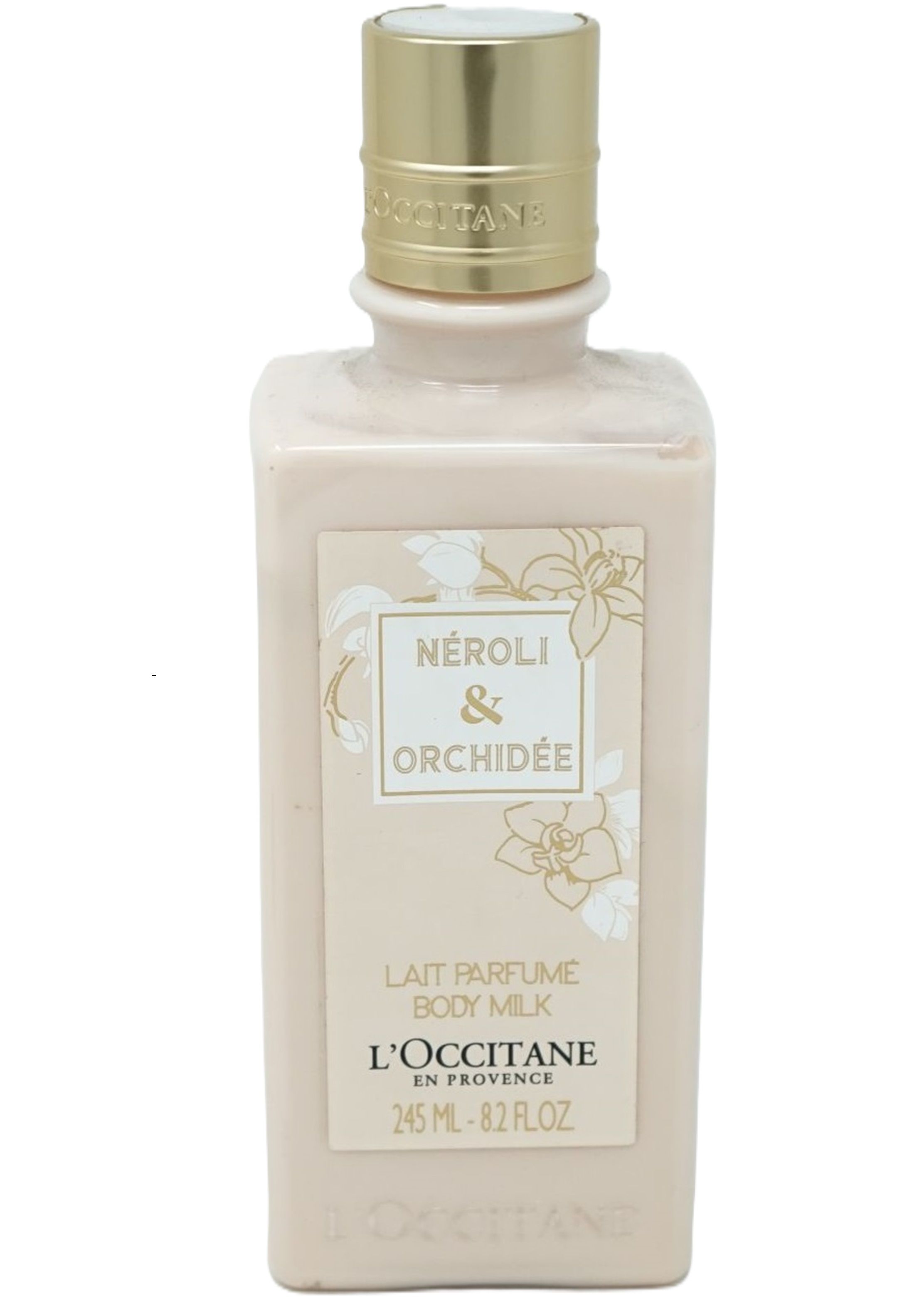 Körperlotion-Flasche mit goldfarbenem Deckel. Aufschrift: NÉROLI & ORCHIDÉE, LAIT PARFUMÉ BODY MILK, L'OCCITANE EN PROVENCE.