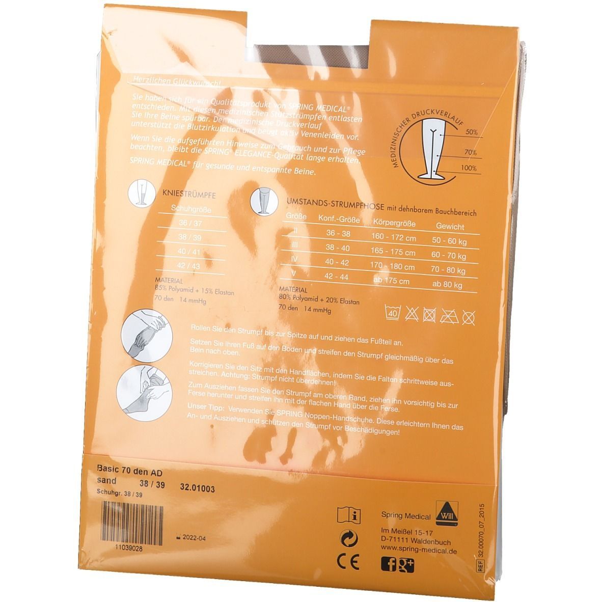 SPRING® ELEGANCE Basic Stützkniestrümpfe 70 DEN sand Gr. 38/39