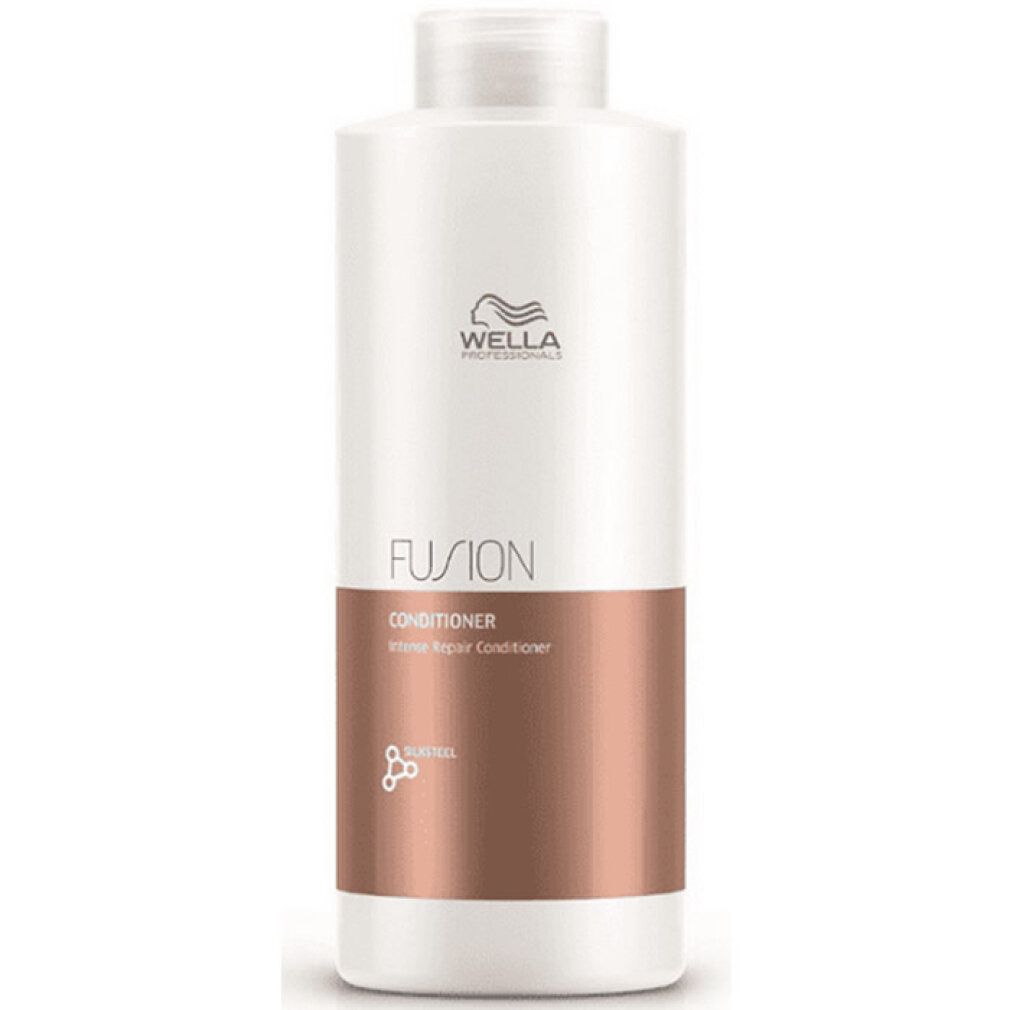 Weiße Flasche mit Wella-Logo und Aufschrift FUSION. Enthält Conditioner. Braune Farbfläche.